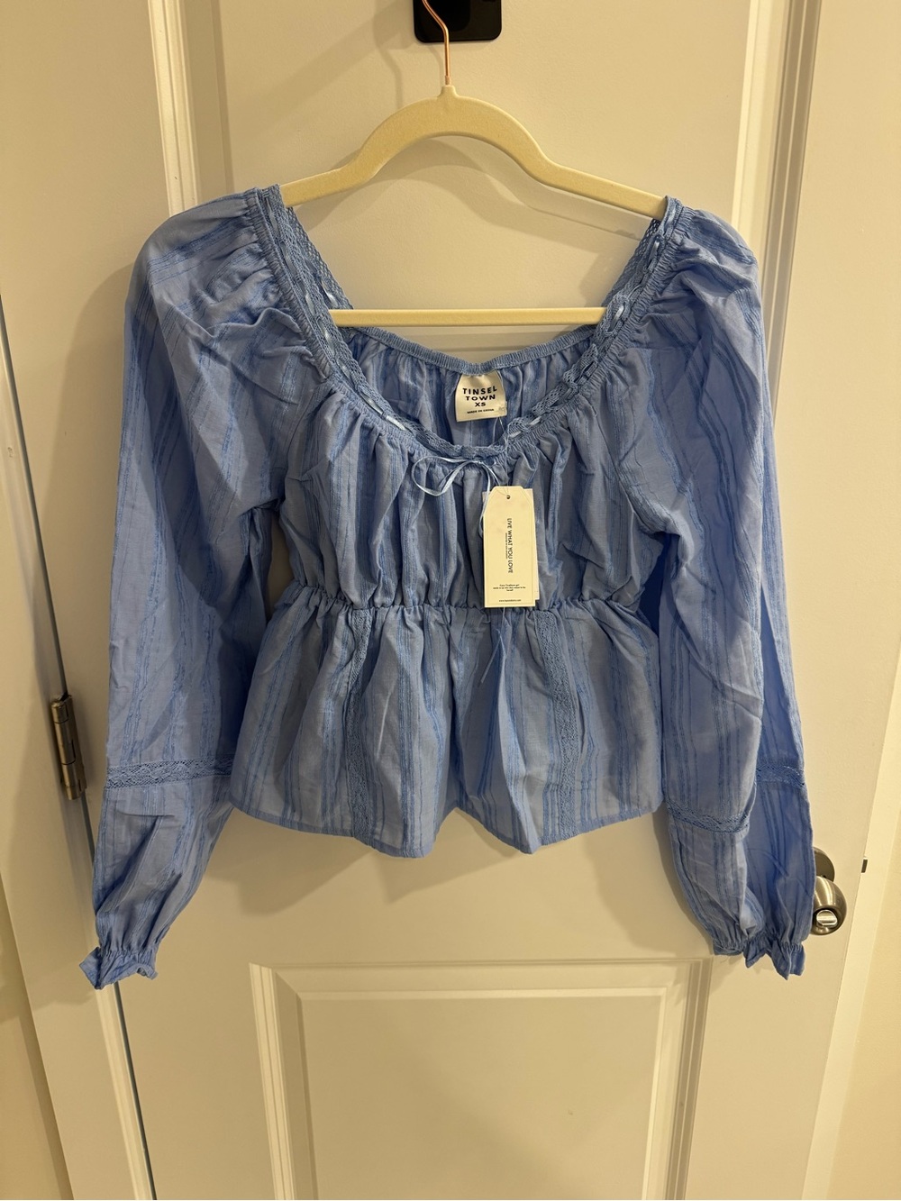 Tinseltown Blue Smocked Peplum Peasant Blouse Top XS